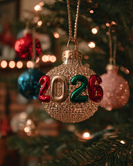 A shiny gold Christmas ornament hangs on a Christmas tree with bokeh lights, displaying the year "2026." Perfect for celebrations, New Year's, and welcoming the future.