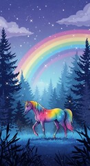 Rainbow Unicorn in a Magical Forest at Night.