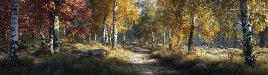 Fototapeta premium Autumn's golden embrace: strolling down a serene birch-lined path. Hero shot. Shimmering leaves and frosted grass: a scenic birch avenue in autumn. Concept art. Visual identity.