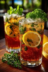 Refreshing iced tea with lemon and herbs served in tall glassware