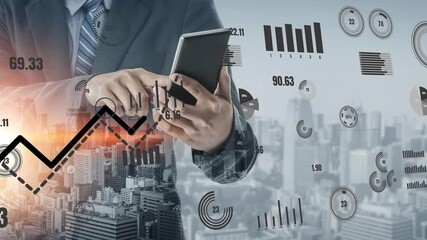 A business professional interacts with a smartphone amid digital charts and graphs, symbolizing data analysis and trends for financial growth in an urban setting. Xenic - Powered by Adobe