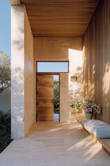A modern and elegant entrance with a pivoting wooden door, slatted ceiling, and travertine stone walls. A waiting bench and natural lighting create a minimalist and welcoming outdoor design.