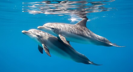 Two Dolphins Swimming Underwater.