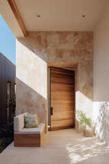 Luxurious entrance hall with wooden door, upholstered bench, and travertine stone wall. Sunlight creates artistic shadows, enhancing the modern architecture and natural design.