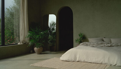 A tranquil room with a minimalist/organic design in shades of moss green and beige. A large window and plants integrate the interior with nature. Peace and refuge at home.