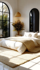 Minimalist bedroom with a Mediterranean aesthetic. Arched window, neutral decor, and a cozy bed. Intense natural light and boho-chic interior design. Peaceful.
