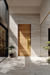 Minimalist main entrance of a luxurious home. Wooden door with bronze handle and travertine wall. Contemporary architecture and dramatic natural light. Real estate.