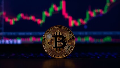 Shiny bitcoin coin before volatile crypto chart