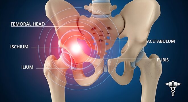 Human Pelvic Bone Anatomy Illustration Highlighting Hip Joint and Surrounding Bones