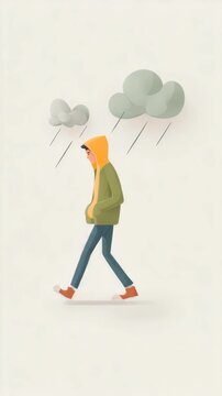 Animated journey of solitude: man walking in rain with cloudy skies