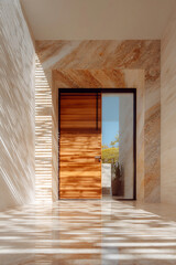 Modern main entrance with pivoting wooden door and luxurious travertine wall. Contemporary architecture and natural sunlight. Properties.