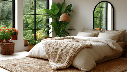 Modern and cozy room with bohemian design. The bed features beige linens and a knitted blanket, surrounded by tropical plants. The arched mirror and large window offer views of nature.