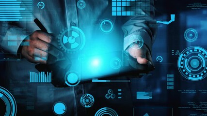 A professional man interacts with a tablet displaying vibrant data visualization elements in a sleek, futuristic setting, showcasing the impact of technology in business analytics. Xenic - Powered by Adobe