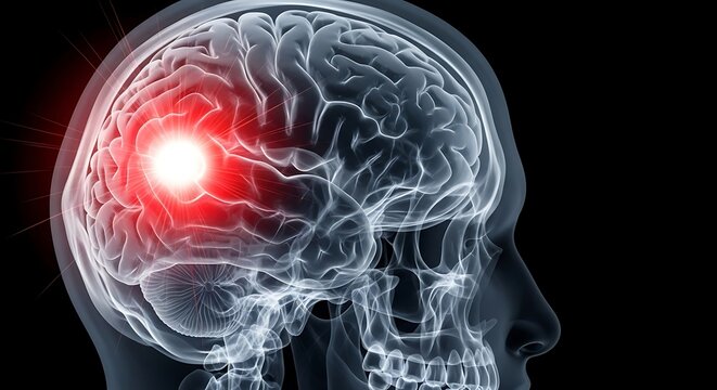 Medical Illustration of Brain with Headache Pain in Side View