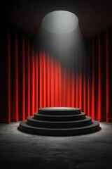 Elegant stage setup with spotlight and vibrant red curtain background
