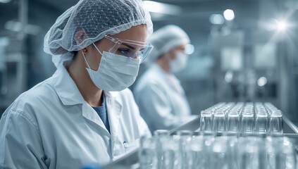 Focused scientist inspecting glass vials in lab