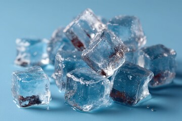 Stacked ice cubes glistening on a blue background in macro photography
