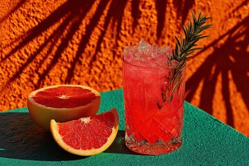 Vibrant grapefruit cocktail with rosemary garnish on a colorful summer background
