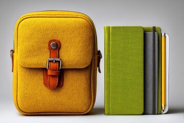 Stylish yellow pencil case with green notebook and stationery on white surface