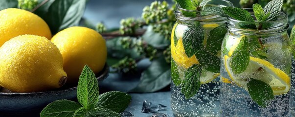 Refreshing arrangement of lemons and mint with sparkling water in jars