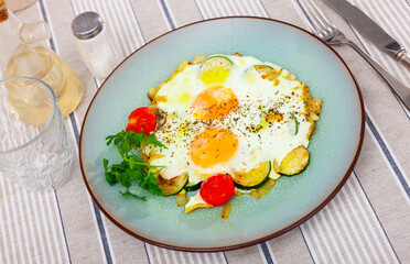 Homemade hearty breakfast - fried eggs with marrow squash. Dish is intricately decorated with leaf parsley and cherry tomato