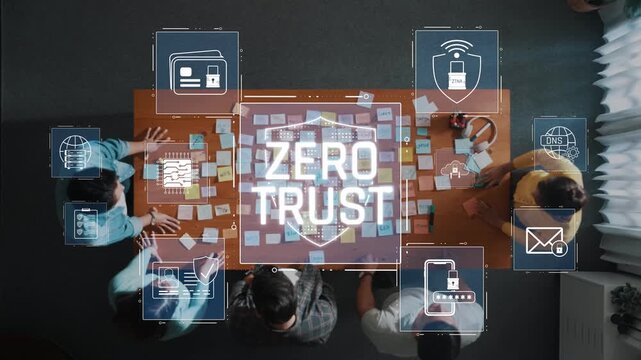 A team engaged in a collaborative meeting focused on the Zero Trust security framework, showcasing digital icons that represent various cybersecurity elements and strategies. Raster