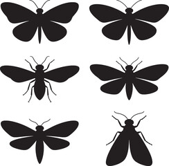 Six black silhouette insects including butterflies and moths on white background butterfly 1