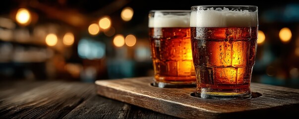 Two glasses of beer on a wooden tray in a cozy bar setting