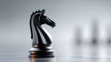 Innovative Corporate Strategies Represented by a Black Chess Knight on a Reflective Surface in Minimalist Design