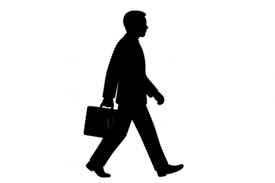 Businessman silhouette walking with briefcase, a side profile of a professional executive moving forward on transparent background