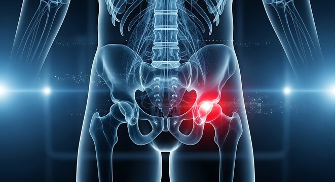 Medical Illustration of Hip Joint with Pain Highlight in Red in Human Skeleton