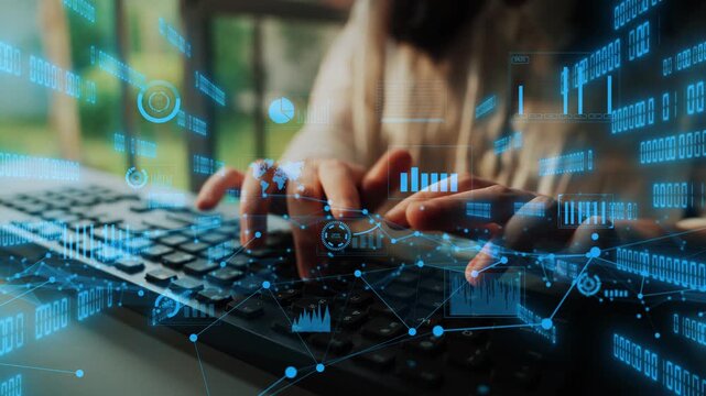 Close-up of hands typing on a computer keyboard, surrounded by transparent digital data visualizations. This image captures the essence of modern technology and data analysis. Xenic