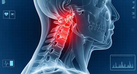 Medical Illustration of Human Neck Spine Pain in Side View with Red Highlighted Area
