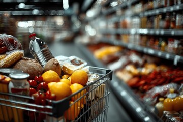 Shopping cart filled with fresh groceries inside a bright supermarket aisle