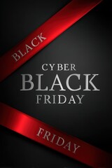 Black Friday promotion with silver text and red ribbon on dark background