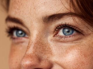 Fototapeta premium Detailed view of a person?s bright blue eyes and freckled skin showcasing natural beauty and vivid facial features with soft lighting and warm tones