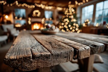 Rustic wooden table with festive blurred lights and cozy holiday interior