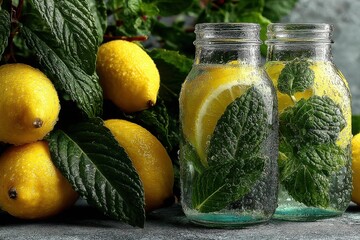 Refreshing Lemon and Mint Water in Glass Jars with Fresh Lemons