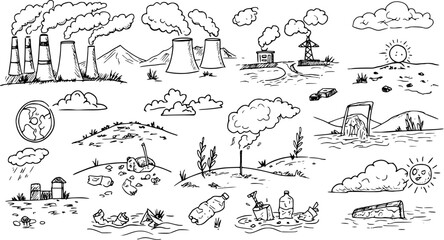 Environmental Pollution Sketch: Factory, Waste, and Climate Change Doodles