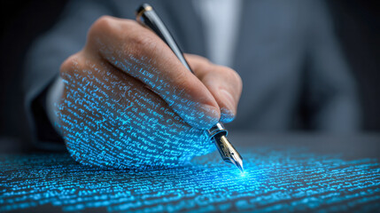 Hand holding a pen that emits glowing blue digital text flowing onto a surface, symbolizing the fusion of traditional writing and futuristic technology innovation