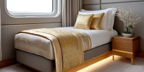 Modern Elegant Bedroom Featuring a Stylish Single Bed With Gold and Beige Bedding and Natural Light