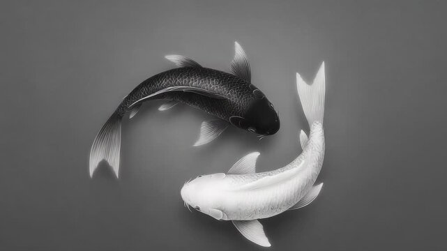 Black and white koi intertwine swimming symbolizing balance and harmony