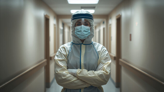 Nurse in full ppe stands in hospital corridor
