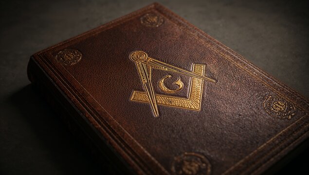 Close up freemason book with embossed compass