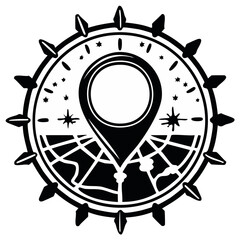 Fototapeta premium Globe Location Pointer Round Emblem with Navigation Stars Black and White