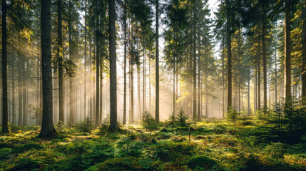 Fototapeta premium Sunlight streaming through tall pine trees in a peaceful dense forest with lush green undergrowth and morning mist creating a serene natural landscape scene