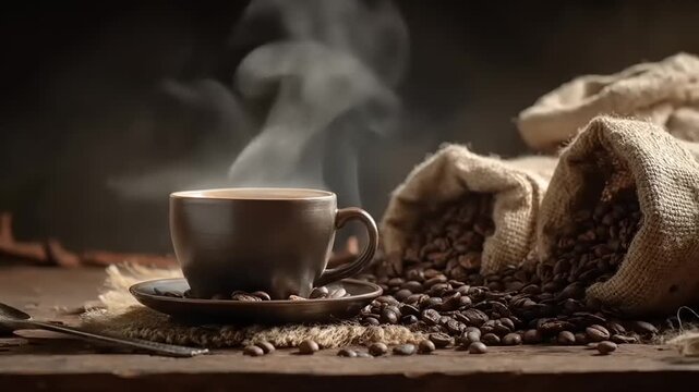 A steaming cup of dark coffee sits near bags of beans and spilled grains on a rustic table