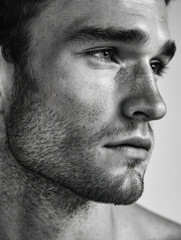 Obraz premium Close-up of a young man's contemplative face in black and white