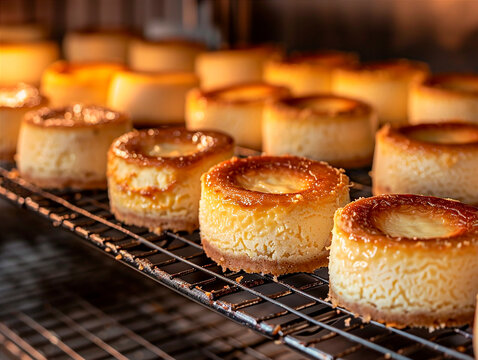 Filas de mini tartas de queso o flanes con una superficie quemada o caramelizada