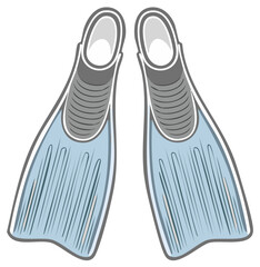 Cartoon blue swimming fins for diving and snorkeling beach vacation, summer holiday and water sport activities, pair flippers for swimmer or surfer